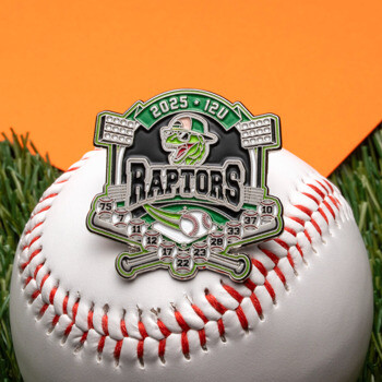 Custom baseball lapel pin featuring the Raptors team mascot, stadium lights, and crossed bats resting on a baseball.