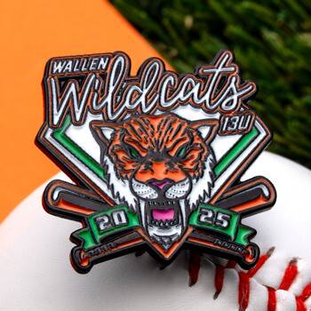 Custom baseball lapel pin featuring the Wallen Wildcats logo with a wildcat head, crossed bats, and the year 2025.