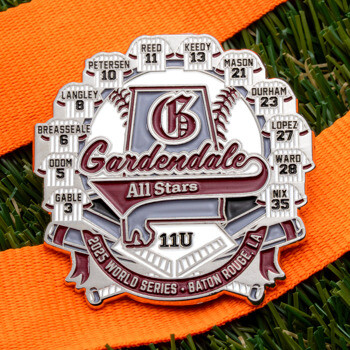 Custom baseball medal for Gardendale All Stars 11U featuring player jerseys, Alabama state outline, and 2025 World Series text on an orange ribbon.