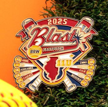 2025 BRW Blast Fastpitch softball lapel pin featuring the state of Illinois, crossed bats, and player names on a grass background.
