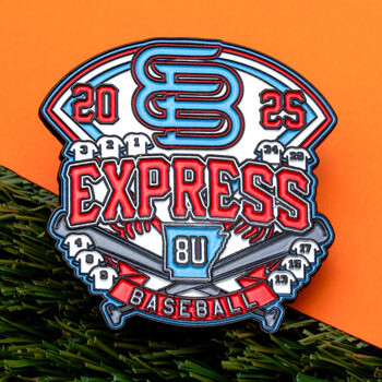 Shield-shaped Express 8U Baseball lapel pin featuring red and blue text, crossed bats, and small jersey icons on an orange and grass background.