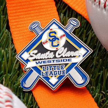 Enamel lapel pin for Santa Clara Westside Little League featuring a baseball diamond and crossed bats design on an orange strap between two baseballs.
