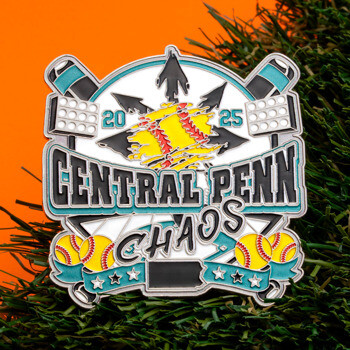 Custom softball lapel pin for Central Penn Chaos 2025 featuring softballs, bats, and stadium lights on a grass background.