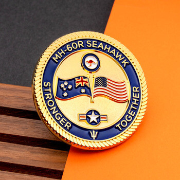 MH-60R Seahawk challenge coin featuring Australian and American flags with rope edge border.