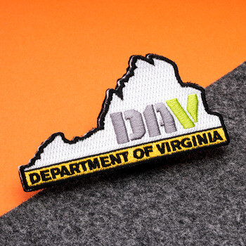 Custom embroidered patch shaped like the state of Virginia featuring the DAV logo and Department of Virginia text.
