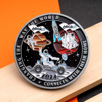 Deako 2024 space-themed challenge coin featuring astronauts, planets, and a lunar rover against a black enamel background.