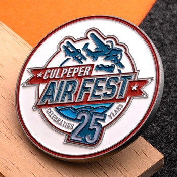 Culpeper Air Fest 25 Years commemorative challenge coin featuring airplanes and red, white, and blue enamel.