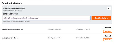 Invite form open on the Pending invitations card, two emails typed, Send Invitations, and two rows with Resend and Revoke.